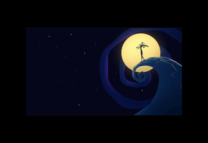 Stylised illustration inspired by a gothic fantasy aesthetic. A slender skeletal figure stands on a curling, spiral hill and plays a violin in front of a large glowing full moon. The night sky is deep blue with scattered stars, while the winding hill curves dramatically into the foreground, creating a whimsical and eerie scene.
