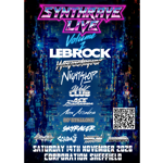 Promotional poster for “Synthrave Live Volume 1” with a neon pink and blue retro-futuristic design over a mirrored nighttime cityscape. Featured artists include LeBrock, Wavetrapper, Nightstop, Klub, Ace Buchannon, New Arcades, 80’s Stallone, Skyracer, Aaron Hill, Kalidaj, Neon Paradise and Speed. A QR code appears on the right. Event details at the bottom read: “Saturday 14th November 2026, Corporation Sheffield.”