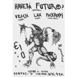 Black-and-white punk gig poster featuring a hand-drawn monster with claws, wings, a mohawk and a tail, wielding a dripping axe and holding a severed head. Bold handwritten text advertises bands Haverá Futuro (Portugal), Vetch (Leeds), Lax (Sheffield) and Fukkheads (Huddersfield/Sheffield). Event details list Sunday 11 October, doors at 4pm, at The Lughole, with a rough DIY zine-style design and anarcho-punk aesthetic.
