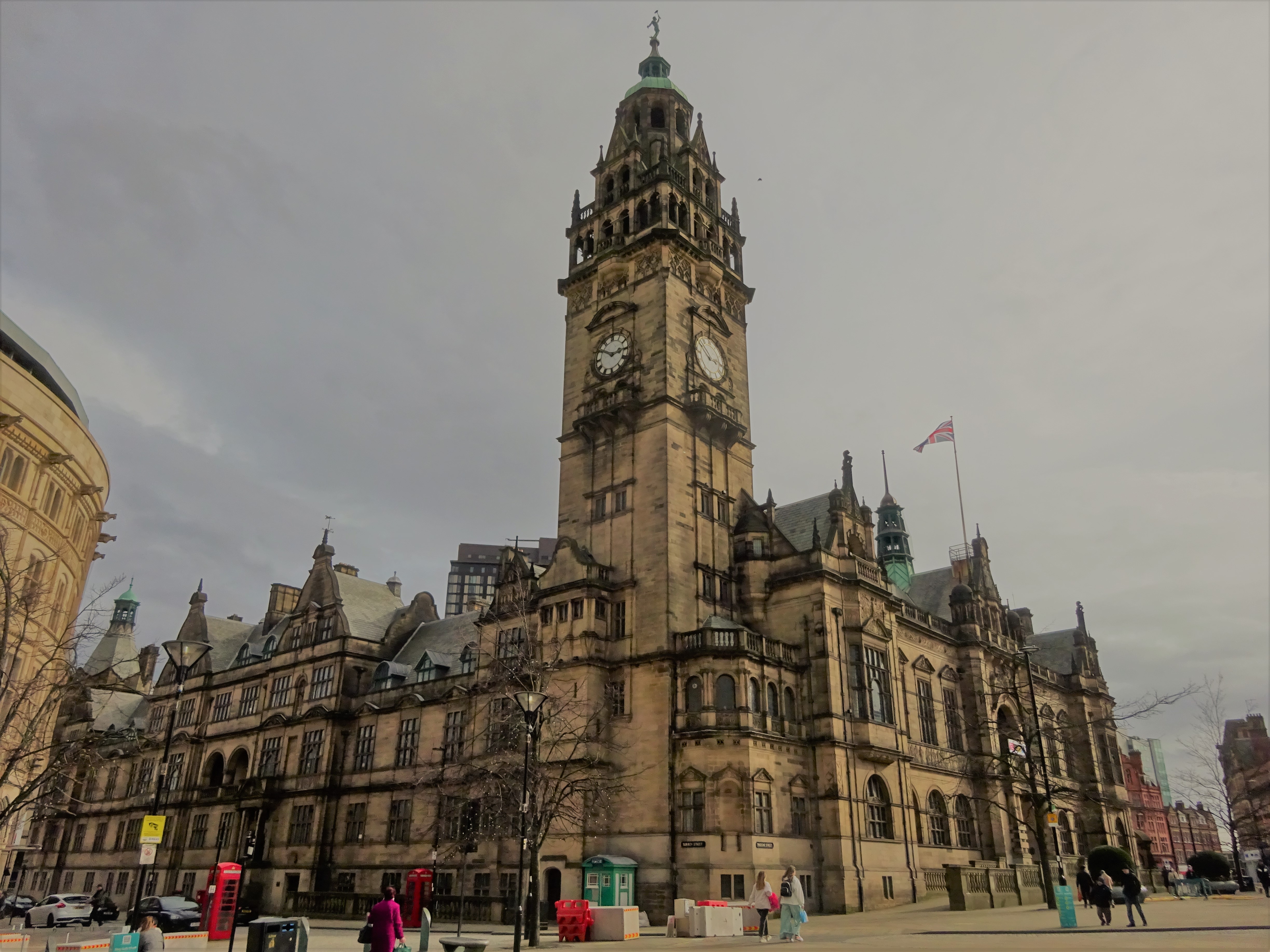 The Sheffield Town Hall, with its Victorian gothic architecture. The tall clock tower dominates the skyline.