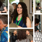 Collage of photographs from a networking event. The central image shows an attendee wearing a green lanyard speaking with others. Surrounding images capture small groups chatting, two people looking at a phone, and guests mingling in a bright indoor venue. Participants stand in conversation around tables and displays, creating a professional and social atmosphere.