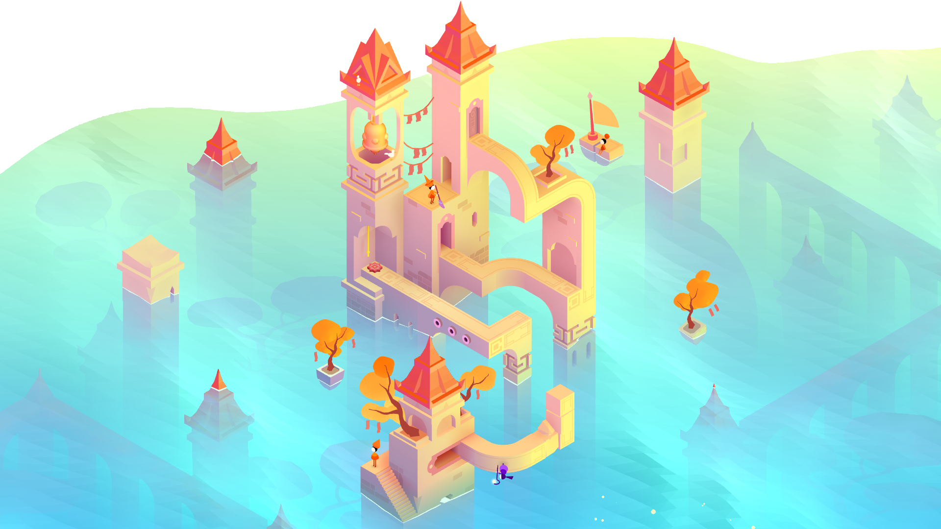 A bright, dreamlike scene of tall, peach‑coloured towers with red roofs rising from calm blue water. Curved bridges connect the structures, while small golden trees grow on platforms at different heights. Tiny characters stand or walk across the walkways, and a small boat floats nearby. The architecture appears impossible, with stairways and arches looping in surreal, Escher‑like ways.