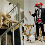 Split image showing two performance scenes. On the left, a performer in a black mesh outfit poses on a staircase with arms raised behind their head. On the right, a performer stands barefoot at a microphone wearing a dark suit, a clown-style red wig and a Union Jack garment around the waist. White balloons and small props are scattered on the floor beside a table. Both images appear to be from live art or spoken-word performances in an indoor venue.