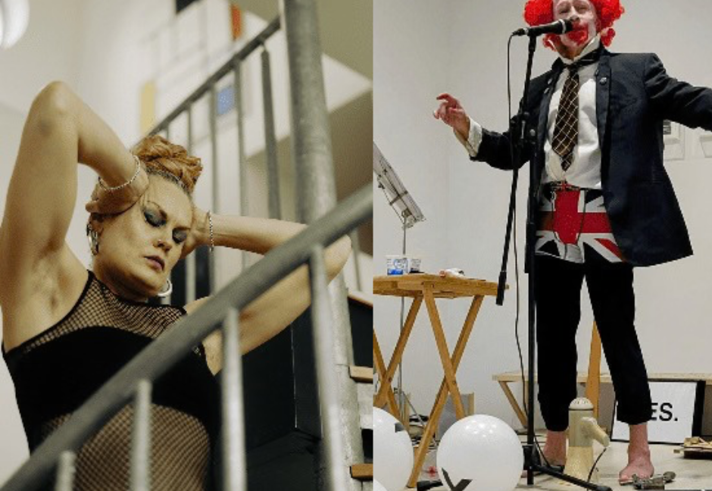 Split image showing two performance scenes. On the left, a performer in a black mesh outfit poses on a staircase with arms raised behind their head. On the right, a performer stands barefoot at a microphone wearing a dark suit, a clown-style red wig and a Union Jack garment around the waist. White balloons and small props are scattered on the floor beside a table. Both images appear to be from live art or spoken-word performances in an indoor venue.