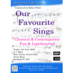 Poster for the event, listing the date, time and details, overlaid on a sheet of music.