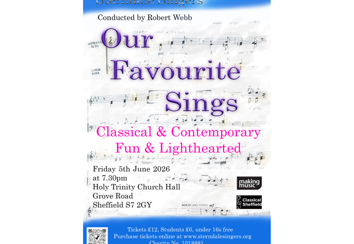 Poster for the event, listing the date, time and details, overlaid on a sheet of music.