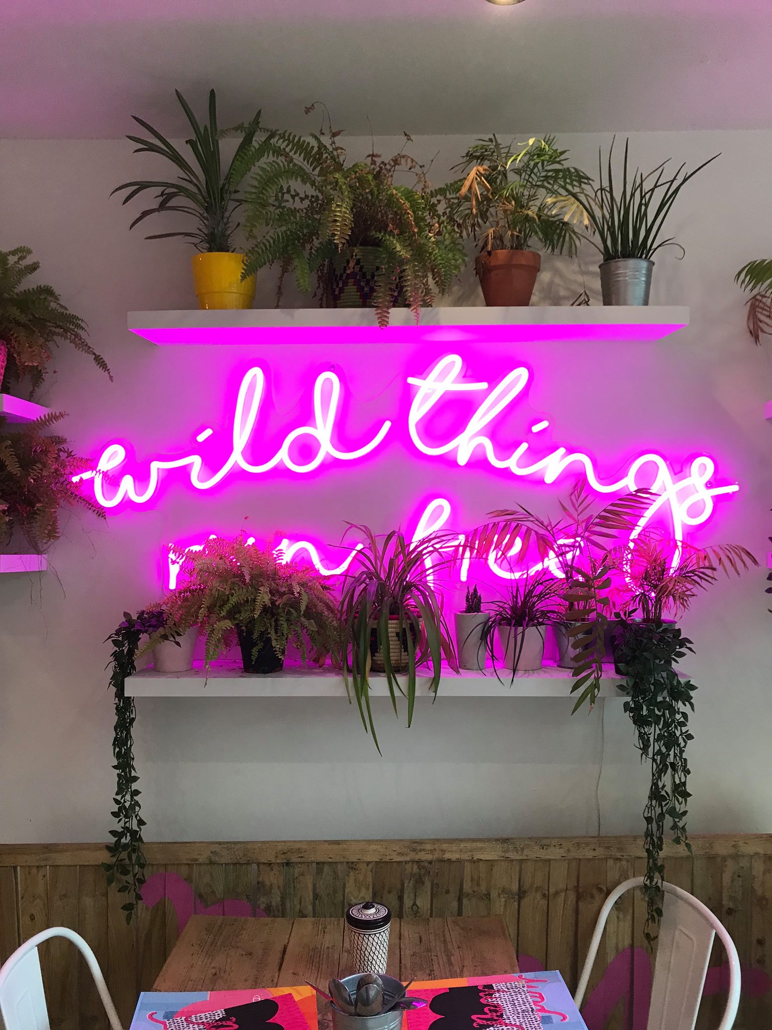 A table and chairs in a cafe. Above them, on the wall, is a bright pink neon sign that reads 'Wild Things'.