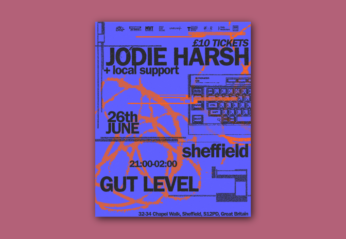 Poster for the event, listing the details, overlaid on images of a retro computer keyboard and various lines and shapes.