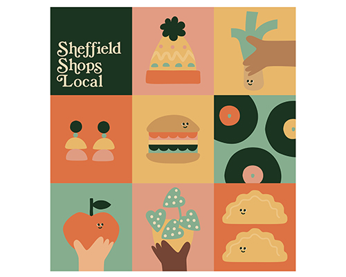 The Lydia Lapinski Shop Local bag design, with 9 brightly coloured squares each with a drawing of local products.