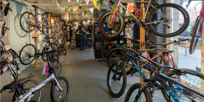 The interior of Russell's Bicycle Shed, with bikes everywhere you look.