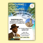 Promo image, listing the details, for the Sheffield's Windrush Civic Service & Father's Day Celebration event.