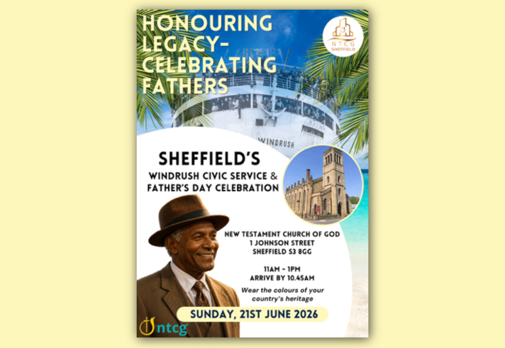 Promo image, listing the details, for the Sheffield's Windrush Civic Service & Father's Day Celebration event.