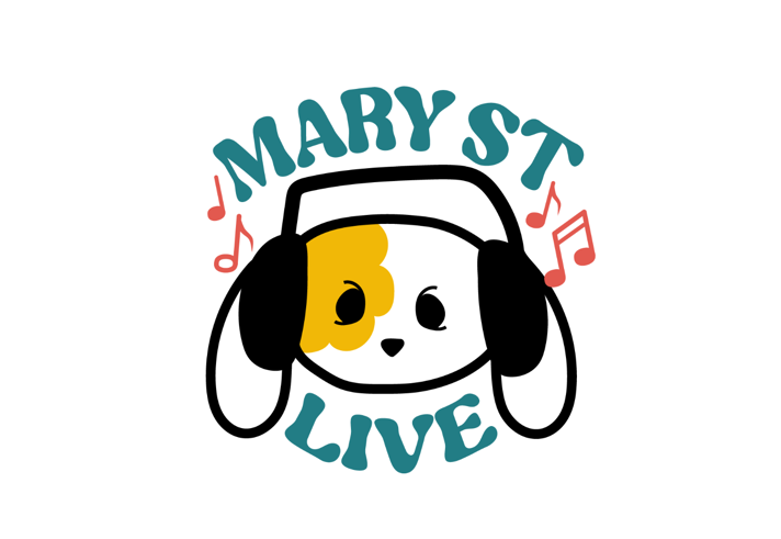 Simple graphic logo with a light grey background showing a cartoon dog’s head wearing large black headphones. The dog has a white face with a yellow patch over one eye and floppy ears. Above and below, teal text reads “MARY ST LIVE.” Red musical notes appear around the headphones, suggesting live music or audio.