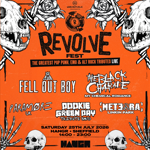 Orange promotional poster for Revolve Fest, featuring black-and-white illustrations of animal skulls, roses, skeleton hands and skulls framing the design. Text reads: “Revolve Fest – The Greatest Pop Punk, Emo & Alt Rock Tributes Live.” Tribute acts include Fell Out Boy (Fall Out Boy), The Black Charade (My Chemical Romance), Paramore UK, Dookie (Green Day) and Meteora (Linkin Park). Event takes place at HANGR, Sheffield, on Saturday 25 July 2026 from 14:00 to 23:00.