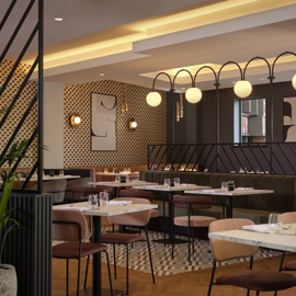 Modern restaurant interior with marble-top tables, cushioned chairs in muted tones, and geometric patterned flooring. The space features warm ambient lighting, decorative wall panels with abstract art, and a row of globe pendant lights above a booth seating area. Green potted plants add a touch of nature.