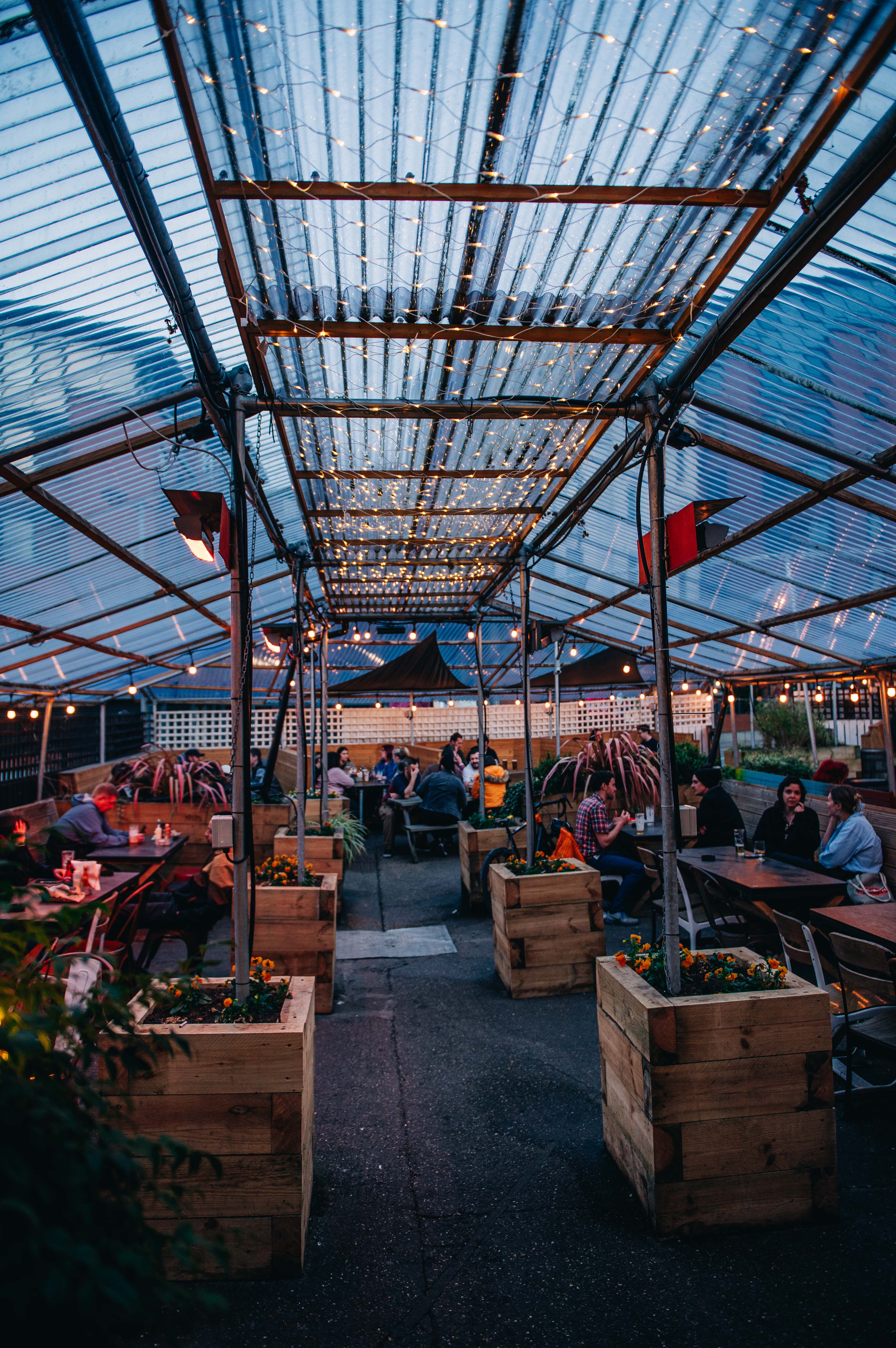 Triple Point Brewery beer garden. Groups of people are sat on wooden benches, with transparent roofing and twinkly fairy lights above.