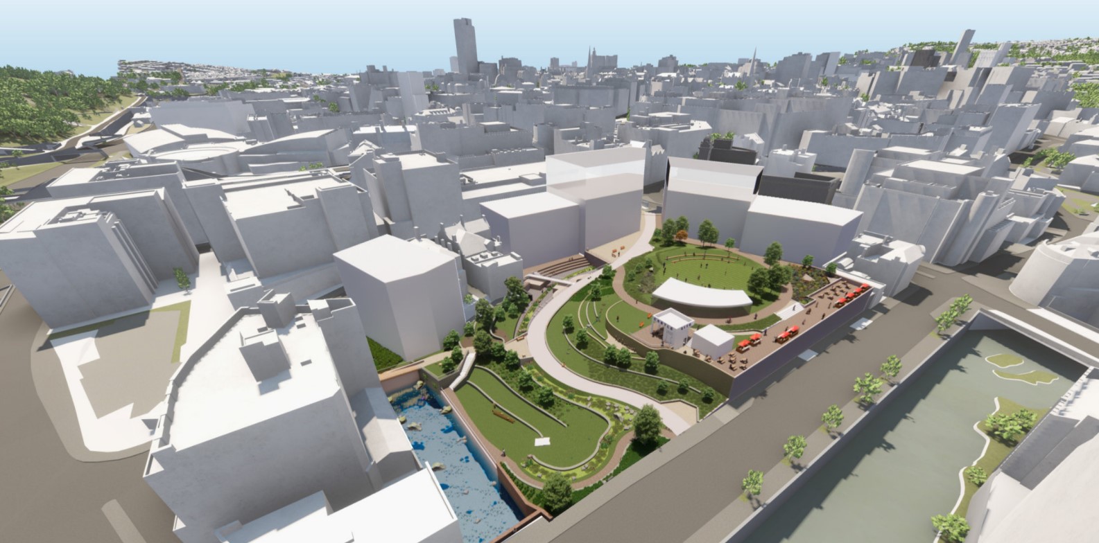 CGI-rendering of an Aerial view of a city center redevelopment plan featuring landscaped green spaces, curved pathways, seating areas, and water features surrounded by white building models representing the urban environment.