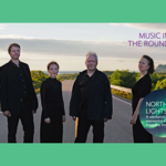 The Engegård Quartet pose in the middle of a road in the countryside. 