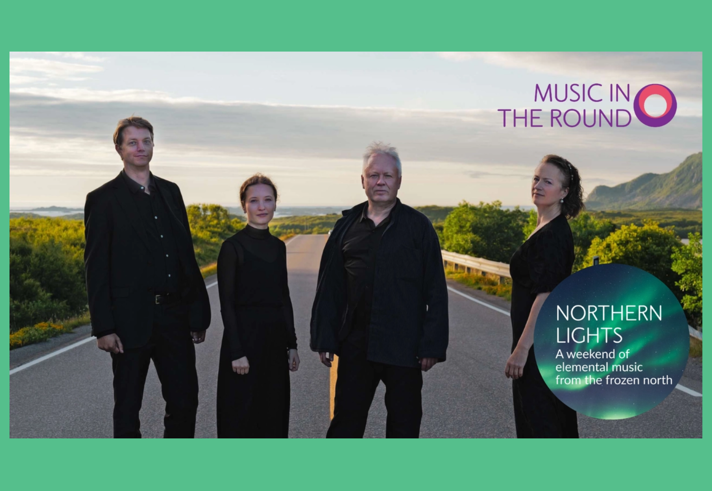 The Engegård Quartet pose in the middle of a road in the countryside. 