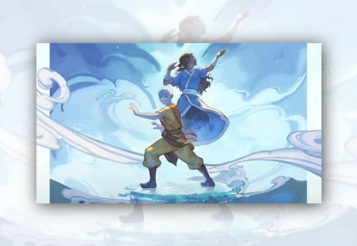 Illustrated fantasy scene featuring two stylised figures posed back-to-back on a small icy platform. One figure stands in a martial arts stance, while the other raises both arms overhead. Swirling clouds and flowing currents of air or water surround them in shades of blue and white. The artwork uses soft lighting and dynamic movement, creating a magical, elemental atmosphere.
