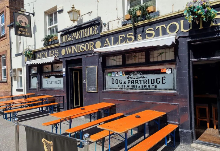 Outside the Dog & Partridge pub.