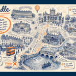 Vintage-style illustrated map promoting Lindle self-guided treasure hunts in Bath. An orange dotted route links Bath Abbey, the Roman Baths, Pulteney Bridge, Royal Crescent, The Circus, Victoria Park and Thermae Bath Spa. Text reads: “Turn Bath into a team game with clever clues, city routes, and a live leaderboard.” Callouts highlight self-guided treasure hunts, no app needed, groups of up to 75 people and a 5-star Tripadvisor rating. Blue-and-orange artwork includes