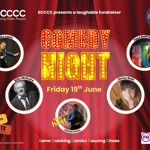 Promo image for the event with images of the performers overlaid on an image of a traditional red theatre curtain.