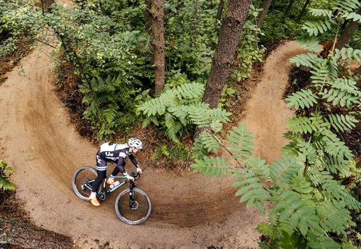 An aerial shot of a mountain biker taking a sharp bend on a dirt track in the middle of a heavily wooded area.