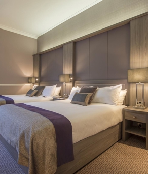 A Deluxe Hotel Room With Twin Beds.