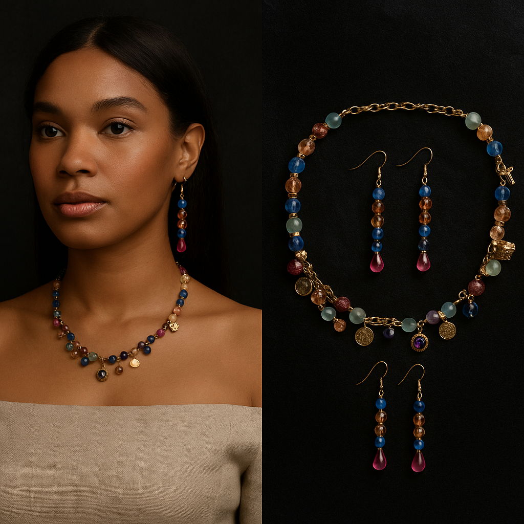 image of a necklace and a female wearing the necklace