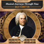 Poster for Brigantes Orchestra concert series “Musical Journeys Through Time: Bach to Britten”. A portrait of a classical composer holding sheet music appears inside a large wooden clock face with Roman numerals, surrounded by interlocking gears and clockwork mechanisms. Below, a timeline-style display shows the years “1721 → 1938”, highlighting the journey through musical history from Bach to Britten.