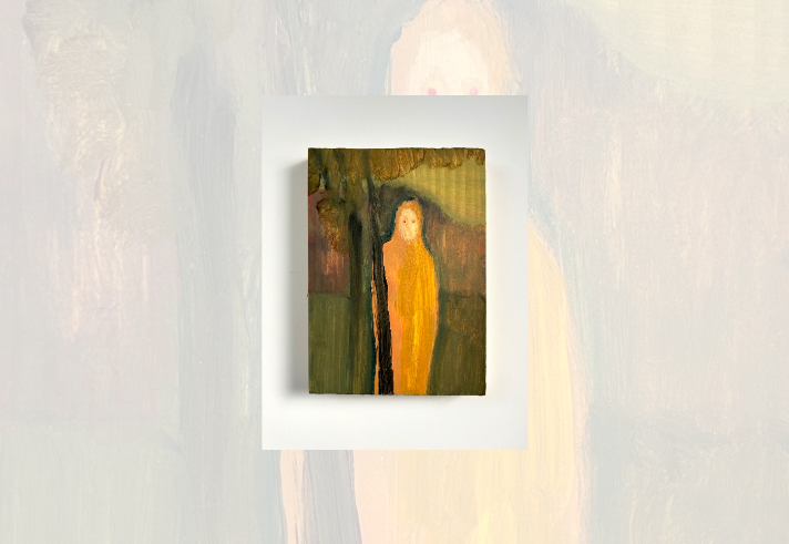 Abstract painting on a rectangular wooden panel. A simplified human-like figure stands behind a dark vertical tree trunk, with a pale face, bright red eyes and a flowing yellow-orange garment. The background is painted in muted greens, browns and ochres, with loose brushstrokes suggesting foliage and landscape. The artwork has an earthy, atmospheric quality and hangs against a plain white wall.