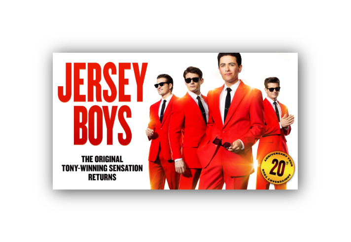 Promo image for Jersey Boys with four men in red suits and sunglasses.