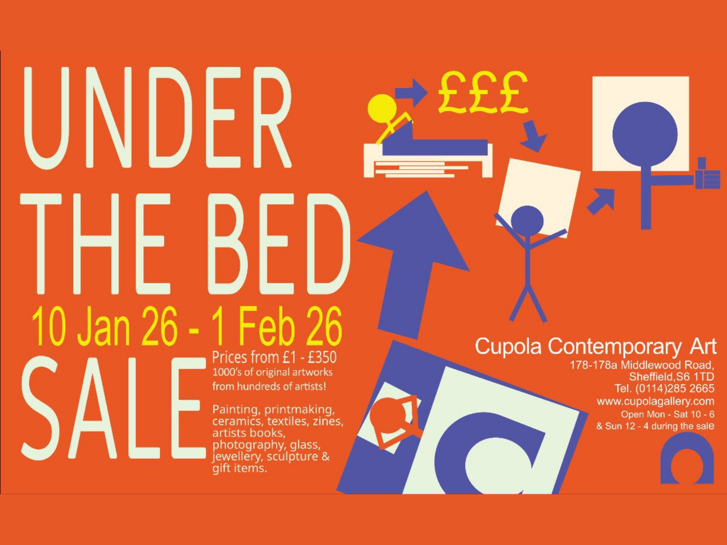 A promo poster, on a bright orange background, for the Under The Bed Sale, listing all the details.