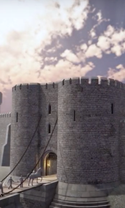 Digital reconstruction of a medieval stone castle with round towers and battlements, surrounded by a moat. A drawbridge is lowered, with figures and horses crossing toward the main gate under a partly cloudy sky.