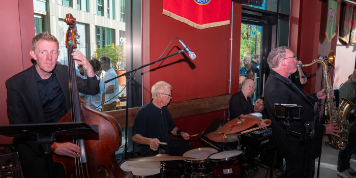 A big band performing in a bar.
