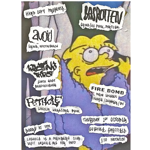 Colourful DIY-style gig poster featuring a distorted cartoon image of Lisa Simpson in the background. Torn-paper text lists several punk and hardcore bands, including Forgotten, Avoid, Fire Bomb, Pozitive Virus and Rotting. Event details state Thursday 1 October at 7pm at Lughole, Sheffield, with £10 entry and no one turned away for lack of funds. The poster uses cut-out lettering, rough textures and a collage aesthetic typical of underground music events.