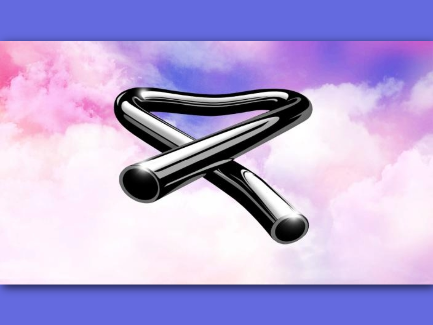A shiny, metallic tubular structure twisted into an abstract shape, resembling two bent pipes crossing each other. The object has a reflective black surface with highlights, set against a dreamy background of pink, purple, and blue clouds. The overall design has a surreal and modern aesthetic.
