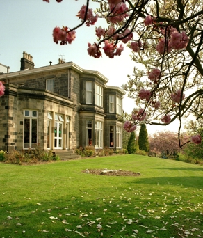 Historic stone building with large windows and a well-maintained green lawn, framed by blooming pink cherry blossoms in the foreground. The scene is bright and sunny, with scattered petals on the grass and landscaped shrubs near the building.