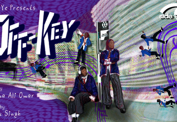 Promotional poster for the play Diff-Key. Large stylised title text appears on a purple, abstract background. Collage-style illustrations show several school-uniformed figures in different poses, including sitting, standing and floating through the scene. Text reads “Side eYe Presents”, “A play by Fatima Ali Omar” and “Directed by Neetu Singh”. The Side eYe logo appears in the top right, with bold graphic lines and swirling patterns creating a dynamic, surreal design.