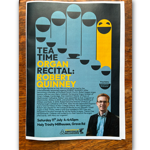 Poster advertising a “Tea Time Organ Recital: Robert Quinney,” featuring a stylised graphic of organ pipes shaped like smiling faces in blue and yellow, with teacups arranged like keys. Text notes free entry with donations welcome. Event details: Saturday 11th July, 4–4:45pm at Holy Trinity Millhouses, Grove Rd. Lower section includes a small portrait photo of the performer and descriptive text about the recital.