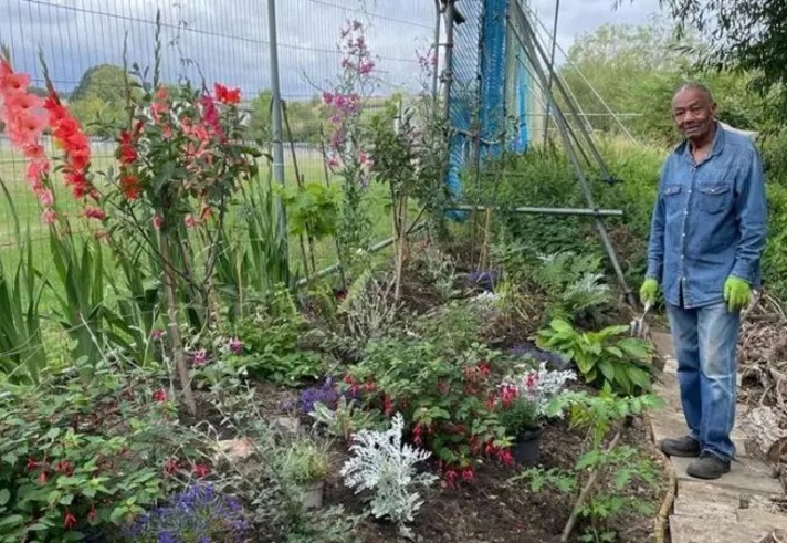 A man dressed in blue stands next to a flowerbed.