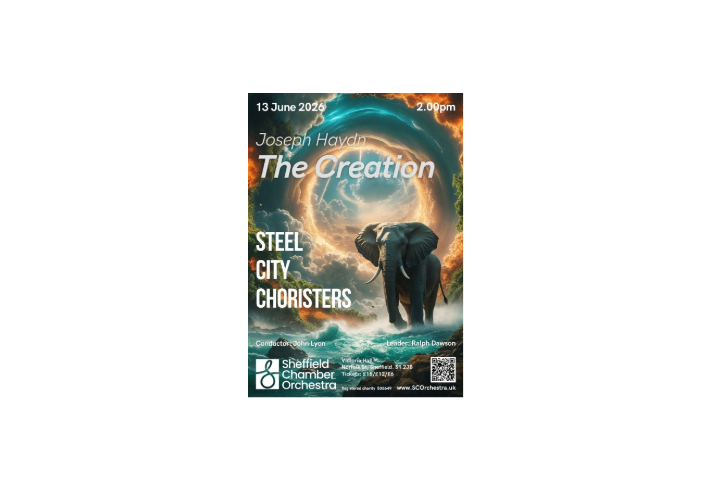 Poster for the event listing all the details and an image of an elephant walking through a river with a whirling vortex in the sky above it.   .