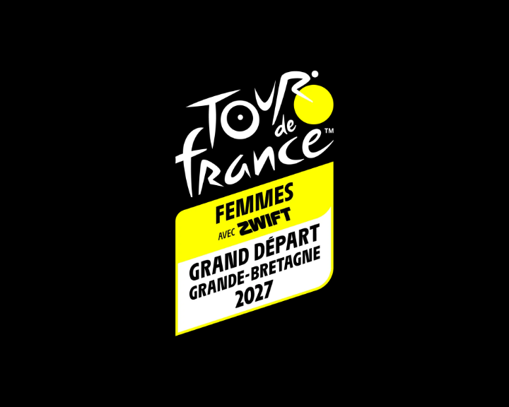 Black background featuring the official logo for the 2027 Tour de France Femmes avec Zwift Grand Départ. The stylised white “Tour de France” logo sits above a yellow-and-white badge reading: “FEMMES AVEC ZWIFT” and “GRAND DÉPART GRANDE-BRETAGNE 2027.” The design uses the race’s signature yellow colour and is centred on the page.