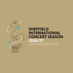 Promotional graphic for Sheffield International Concert Season 2026/27. A beige background features abstract line art inspired by musical symbols, including a large bass clef, flowing staff lines, notes and decorative shapes with blue accents. Bold black and white text reads: “Sheffield International Concert Season 2026/27” and “Classical Music at Sheffield City Hall”.