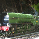 A green locomotive at the Abbeydale Miniature Railway.