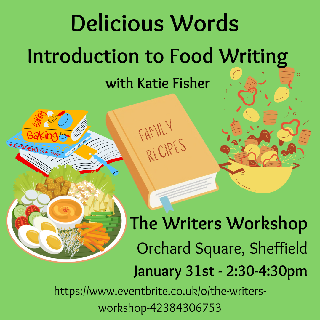 Poster for the event listing the details alongside drawings of various dishes of food and cookbooks.