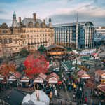 A view of the Christmas Market set up round the Peace Gardens in the centre of Sheffield. 