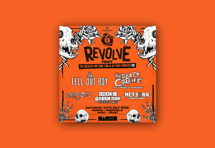 Orange promotional poster for Revolve Fest, featuring black-and-white illustrations of animal skulls, roses, skeleton hands and skulls framing the design. Text reads: “Revolve Fest – The Greatest Pop Punk, Emo & Alt Rock Tributes Live.” Tribute acts include Fell Out Boy (Fall Out Boy), The Black Charade (My Chemical Romance), Paramore UK, Dookie (Green Day) and Meteora (Linkin Park). Event takes place at HANGR, Sheffield, on Saturday 25 July 2026 from 14:00 to 23:00.