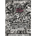 Black-and-white collage-style event poster with a distressed, street-art aesthetic. Cut-out ransom-note lettering announces “House & Swagger” on Friday 16th October. Featured artists include Adam Cournall, Muzdj1, paigeypro_dj, and DEE with a rare groove set. Additional text reads “Chunky house. Funky grooves. Disco attitude.” The poster includes abstract graphics, torn-paper textures, stylised faces, record label logos, and venue details: Grub Records, Sheffield, 7pm–late.
